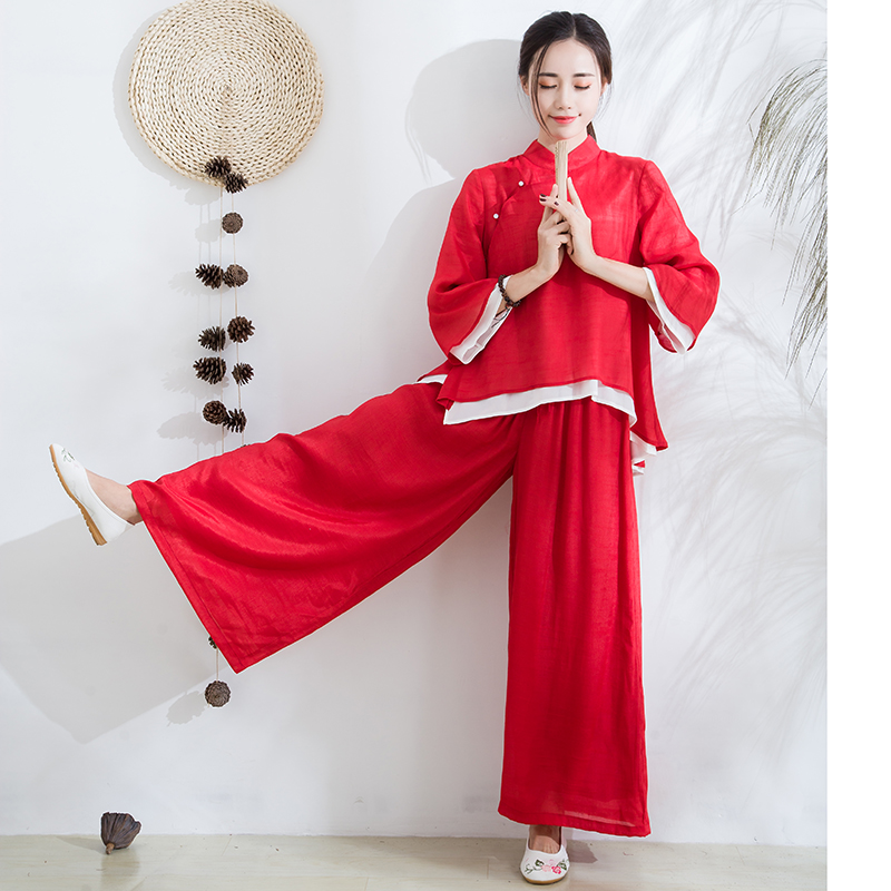 2020 quần phụ nữ giản dị của hai tầng quần rộng chân Han zen trà phù hợp với xà cạp lỏng eo dòng thun cotton