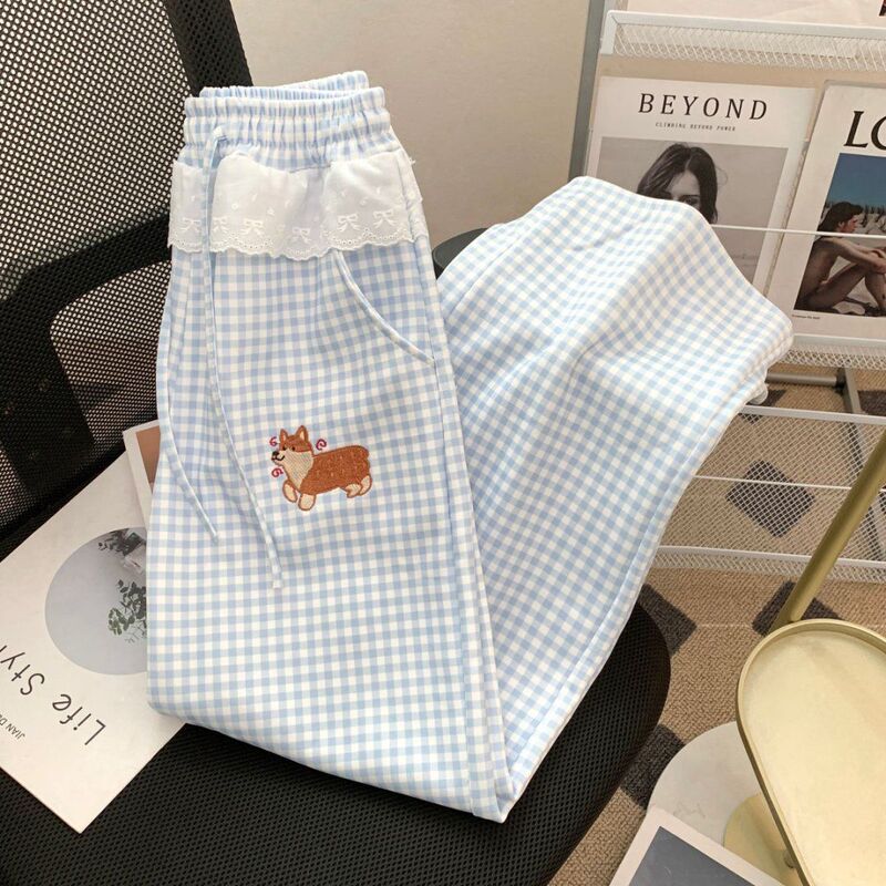 Japanese-Style Cute Corgi Puppy Summer Simple Blue Plaid Casual Sports Wide-Leg Pants High-Waisted Straight-Leg Long Pants Trendy