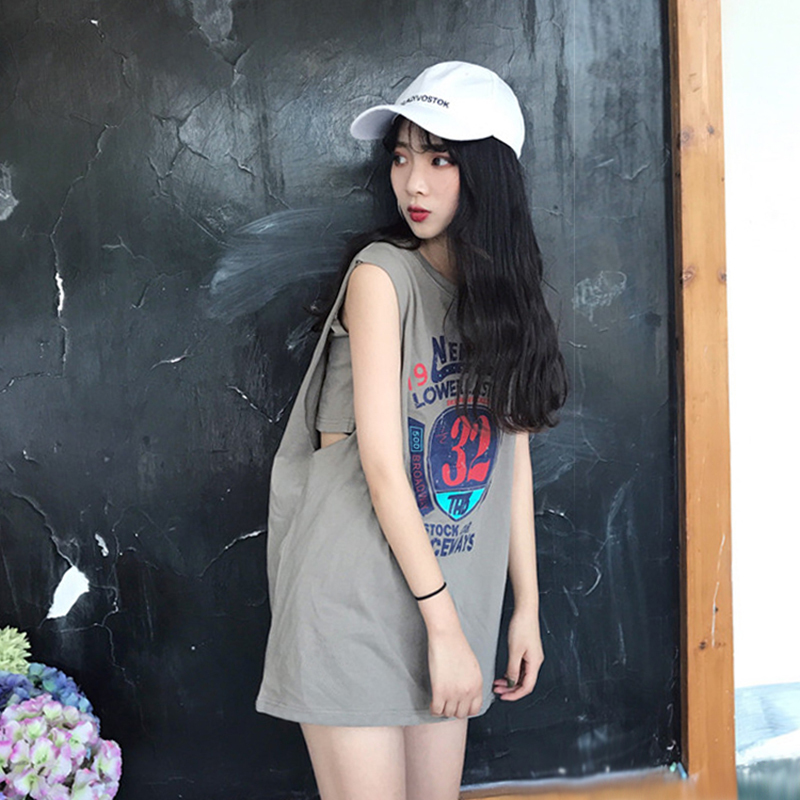 Mid-Length Fake Two-Piece Sleeveless T-Shirt for Female Students, Loose-Fitting Sports Outerwear, Tank Top, Summer Vest to Prevent Exposure