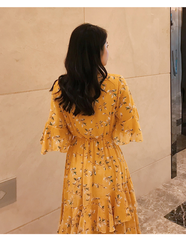 VK旗艦店 韓國風名媛荷葉袖小碎花顯瘦雪紡短袖洋裝