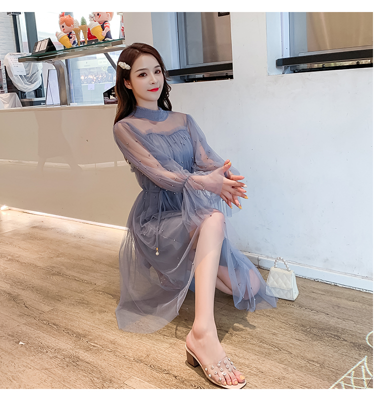 VK旗艦店 韓國風名媛性感木耳邊高領網紗釘珠長袖洋裝