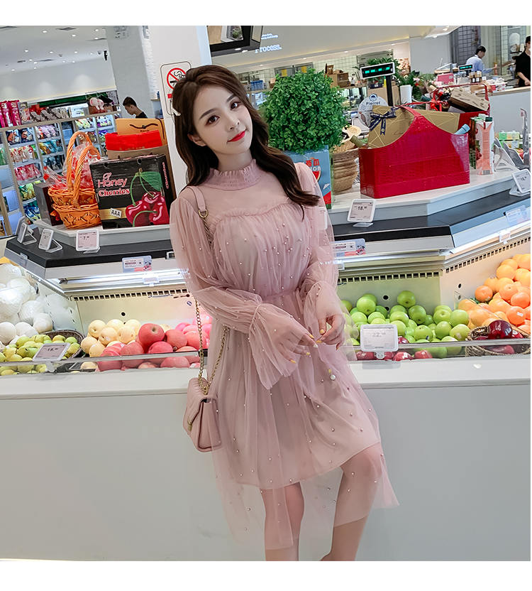 VK旗艦店 韓國風名媛性感木耳邊高領網紗釘珠長袖洋裝