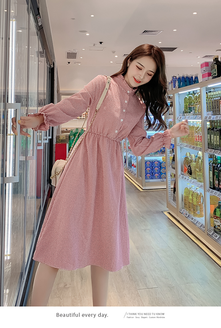 VK旗艦店 韓系復古立領收腰顯瘦小格紋喇叭長袖洋裝