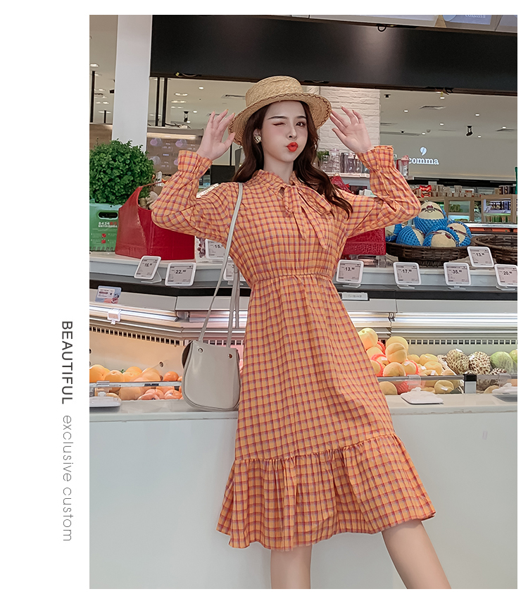VK旗艦店 韓系優雅復古系帶蝴蝶結格紋收腰長袖洋裝