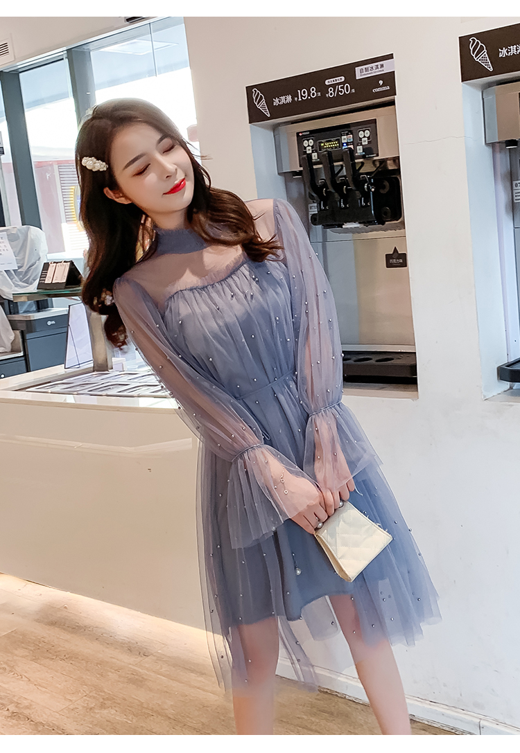 VK旗艦店 韓國風名媛性感木耳邊高領網紗釘珠長袖洋裝