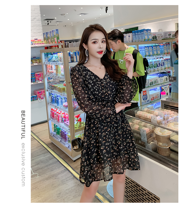 VK旗艦店 韓系名媛V領碎花雪紡收腰清新短版長袖洋裝