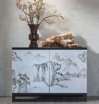 New Chinese Solid Wood Hyun Guan Cabinet Water Ink Painting Home Entry Partition Cabinet Shoe Cabinet Restaurant Art Decorative Cabinet Dining Side Cabinet