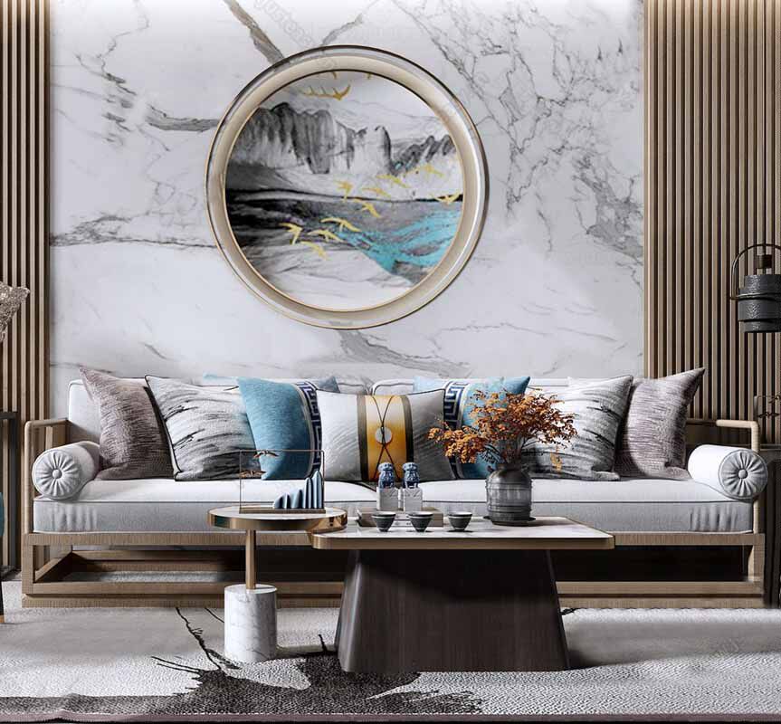 New Chinese solid wood sofa tea table combination minimalist modern cloth art sofa small family style living room quality complete furniture