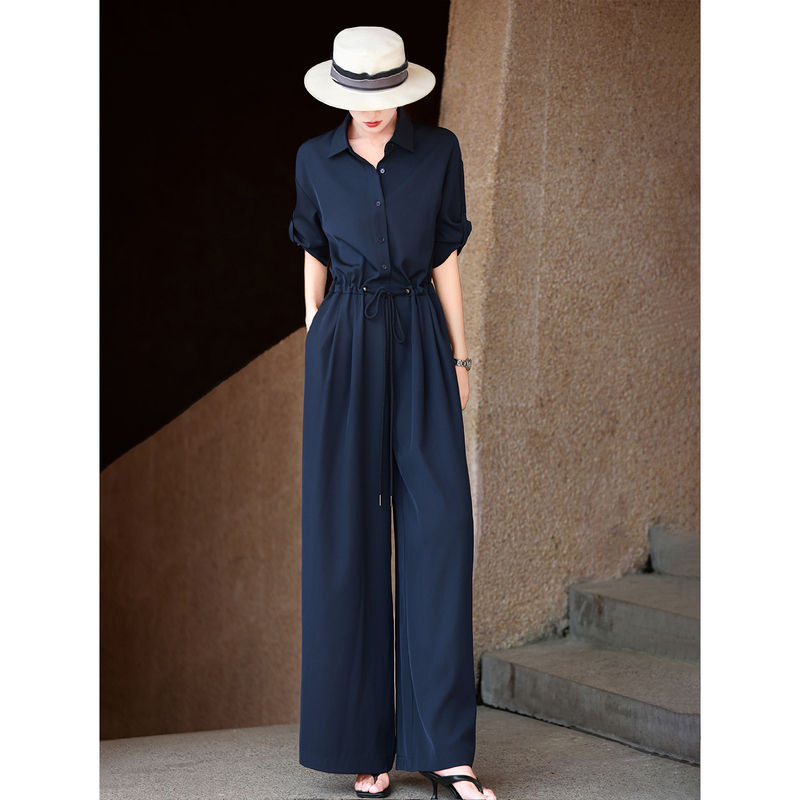 Lanser 2026 Summer New Style Elegant Commuter Old Money Style Casual Wide-Leg Pants with Lapel and Drawstring Waist Jumpsuit