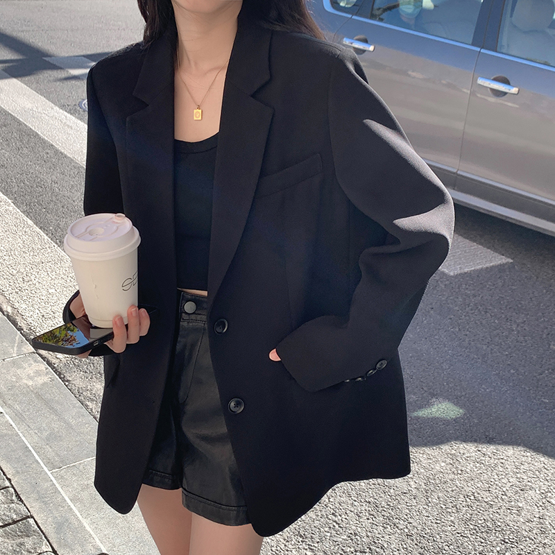 Mikile Black Blazer for Women 2026 Spring and Autumn Korean Style Loose Casual Retro Slimming Petite Suit