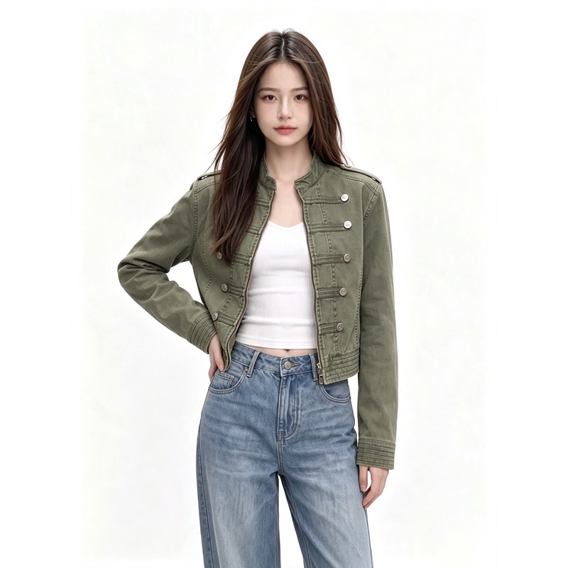 Verumi American Retro Style Military Green Napoleon Short Jacket Women's Summer and Autum Slim Workwear Denim Jacket