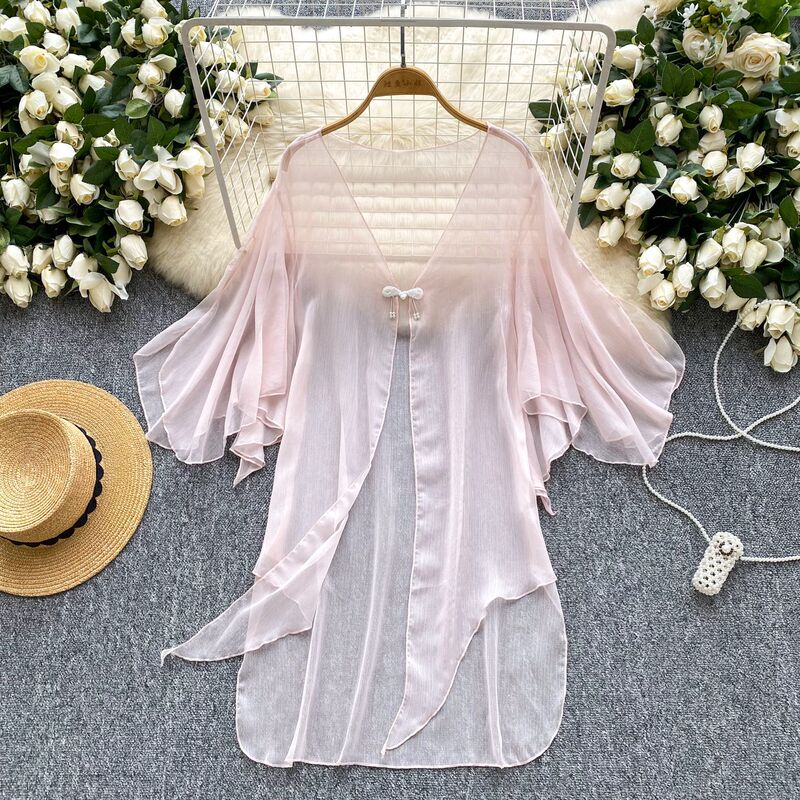 Gentle Style Thin Bell-Sleeve Mesh Jacket for Women 2025 Summer Sweet Vacation Shawl Asymmetrical Cardigan