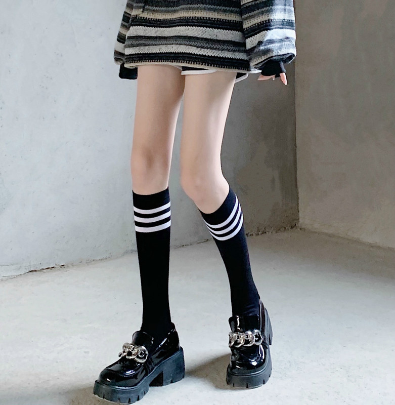 Ay to Films College Style Autumn and Winter Cotton Mid-Calf Socks with Three Stripes Jk Calf Socks Striped Black and White Socks