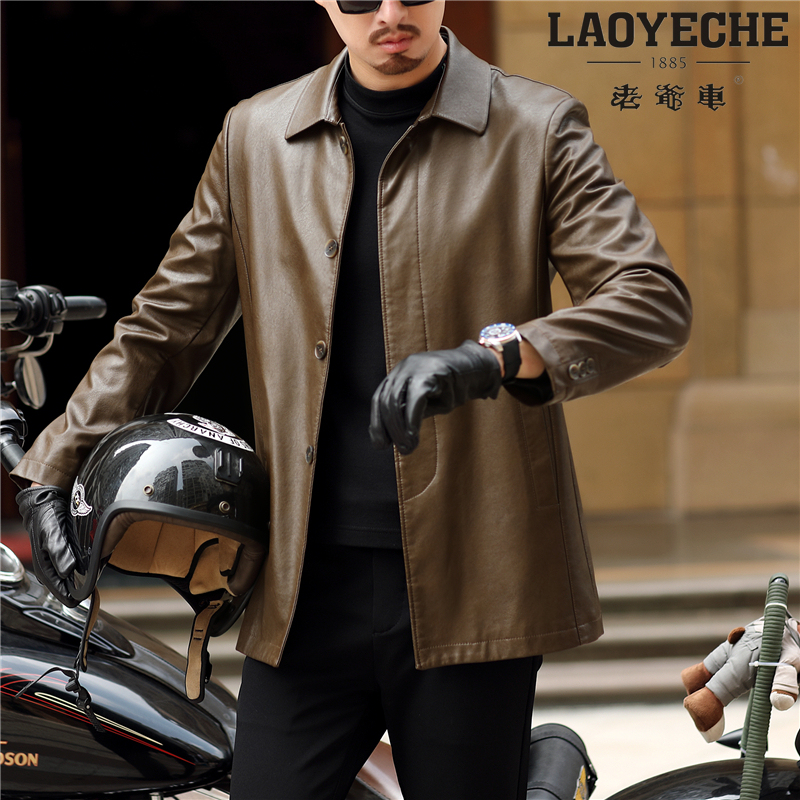 Haining Genuine Leather Jacket for Middle-Aged Men, New Spring and Autumn Business Casual Sheepskin Jacket, Mid-Length Trench Coat, Dad's Outfit