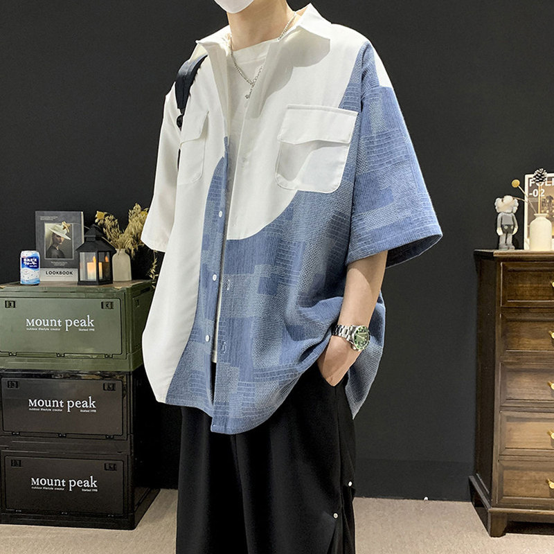 Irregular Patchwork Short-Sleeved Shirt for Men, Summer High-End Style, Cool and Trendy Brand, Thin Top, Loose Ice Silk Men's Shirt