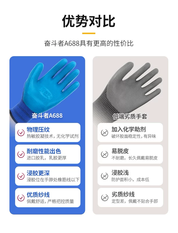 Găng tay bảo hiểm lao động Xingyu Younabao A688 chống trơn trượt chống mài mòn làm việc cao su công trường cao su khô nhúng cao su găng tay bảo hộ bằng da
