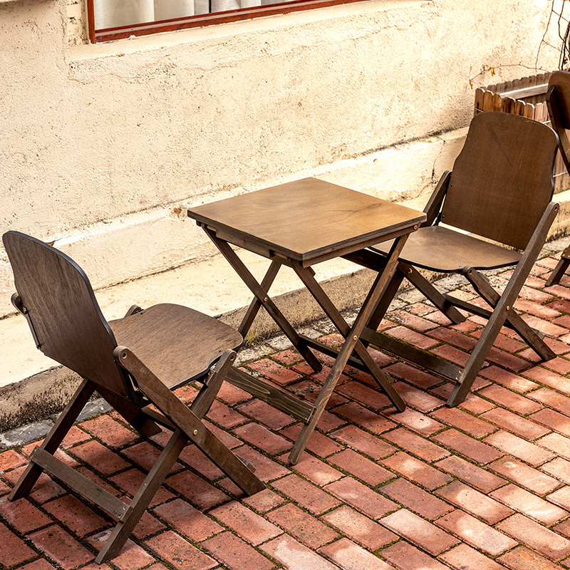 Retro Wooden Folding Table and Chair Set for Coffee Shop, Portable Square Table for Milk Tea Shop, Casual Chair, Simple Tea Table