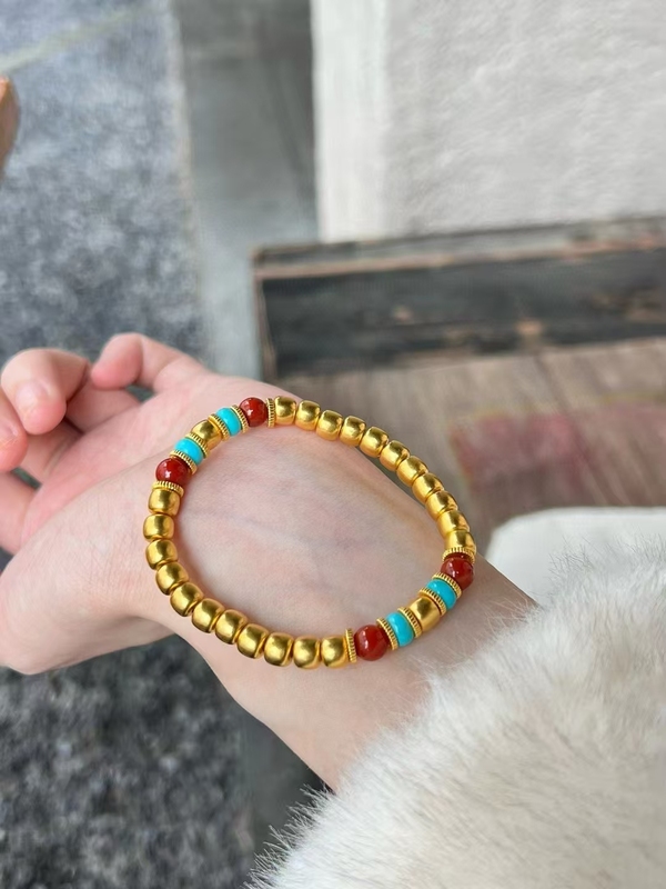 Pure Gold Ancient-Style Gold Apple-Shaped Beads Multi-Gem Bracelet, Turquoise Ancient-Style Gold Bracelet, Unisex Bracelet Gift
