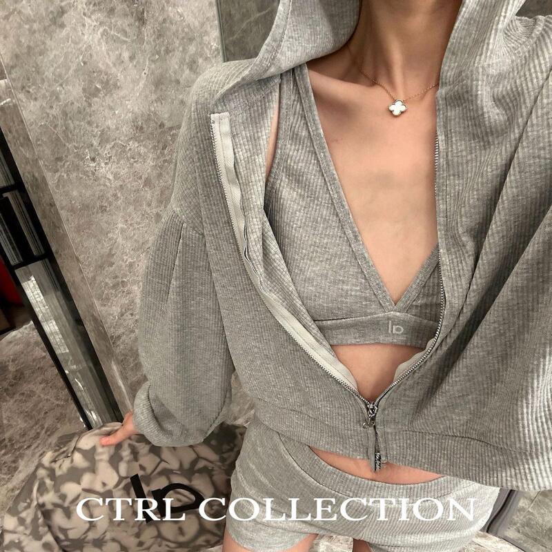 Ctrl~ 90% off New Spring/Summer Collection Gray Knitted Sports Three-Piece Set Versatile Loose Sweatshirt and Shorts