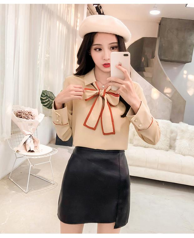 Áo sơ mi voan họa tiết kẻ sọc dài tay mùa thu đông cộng với nhung 2018 mới áo sơ mi nơ rộng retro các kiểu áo sơ mi họa tiết nữ đẹp