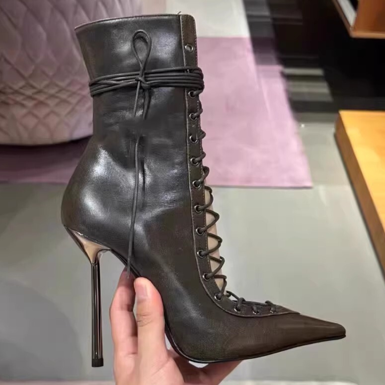 2024 Autumn and Winter Distressed Lace-Up Hollow Cross-Tie Stiletto Short Boots High Heels European and American Style Retro Sandals