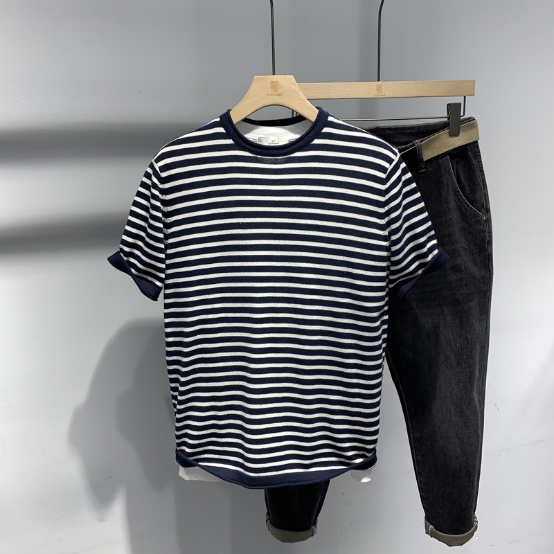 Summer Strip T - shirt men short sleeve bandwidth loose 2022 new network red in harbor knitted shirt tops
