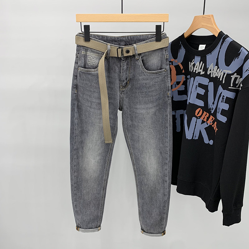 2022 Spring new tobacco grey jeans Men's body Smoke Tubes Pants Han Version Trend 100 lap handsome retro long pants