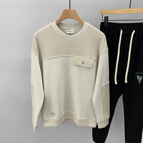 Knitted splicing Collision Color Sweatshirt Male Spring Day Ensemble Retro Loose Round Collar Blouse Personality Handsome 100 lap long sleeve T-shirt