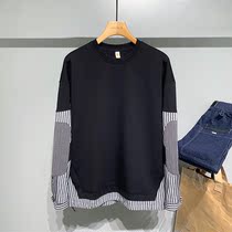 Stripe Splicing Fake two-piece Mens autumn Korean version Trend 100 Lapped Loose Round Collar Handsome with no hat Long sleeves hooded sweatshirt