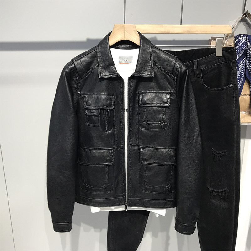 Net red overalls leather clothes men's spring and autumn season Chauzzard Hong Kong Breeder Looks up for Casual Handsome Pilot Leather Jacket
