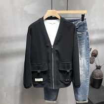 Net red overalls knitted cardigans jacket male v collar outside wearing Korean version trendy 100 hitch loose casual ruffled fur coat autumn