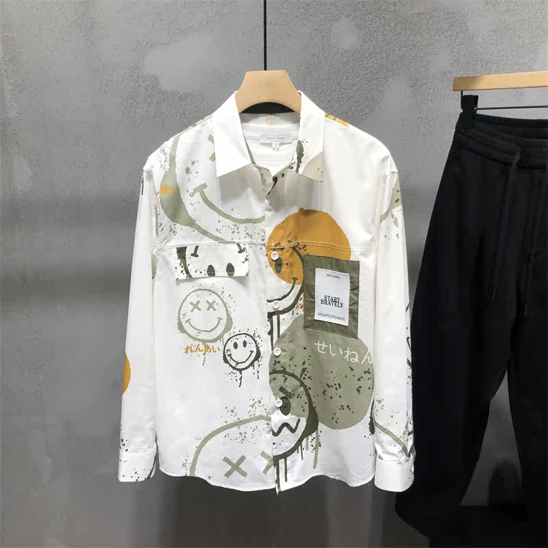 Fall tide Male smiling face printed shirt with trendy boomers Personality Handsome with loose long sleeve shirt jacket