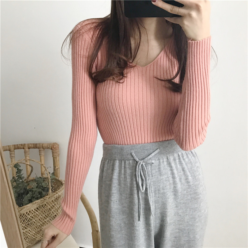 Phiên bản Hàn Quốc của chiếc áo cổ chữ V tự luyện đan đáy áo hoang dã đơn giản cơ bản áo len dài tay dệt kim mùa thu mới áo len đẹp