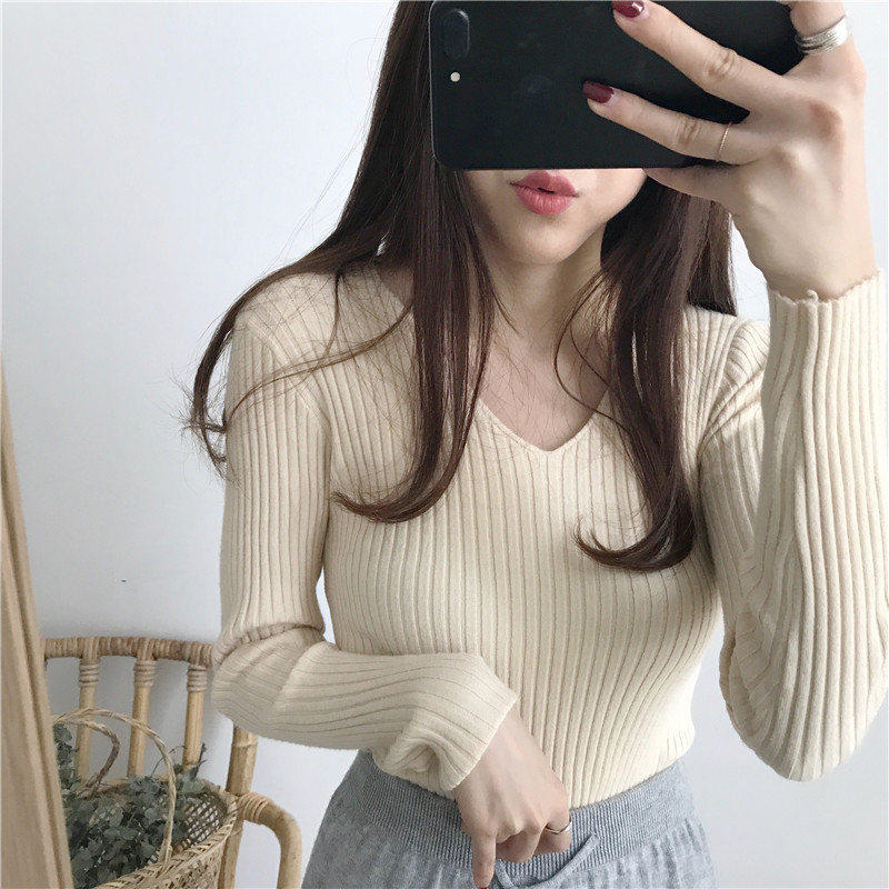 Phiên bản Hàn Quốc của chiếc áo cổ chữ V tự luyện đan đáy áo hoang dã đơn giản cơ bản áo len dài tay dệt kim mùa thu mới áo len đẹp