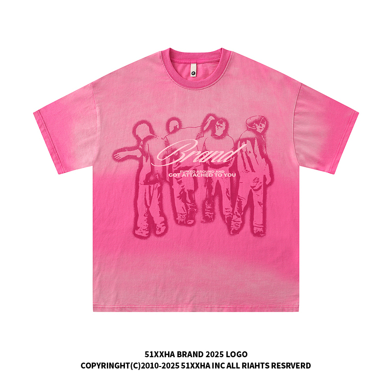 51 Hip-Hop Street Character Print Design Half-Sleeve Unisex Retro Vibe Washed Gradient Pure Cotton Short-Sleeve T-Shirt