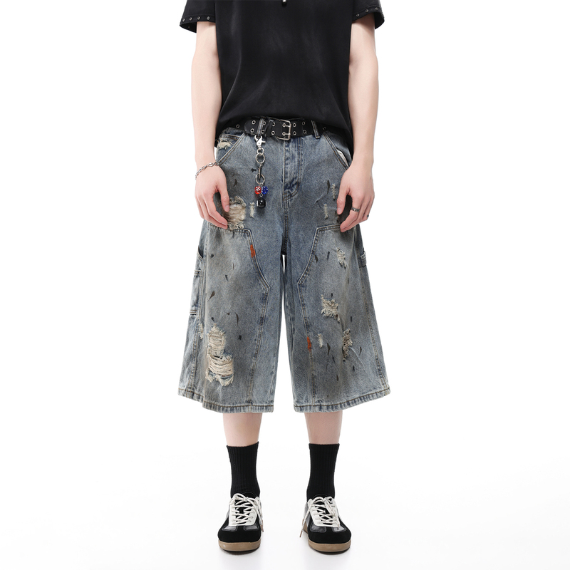 51 Hip-Hop American Subculture Visual Style Splatter Design Punk Street Style Ripped Denim Shorts for Men
