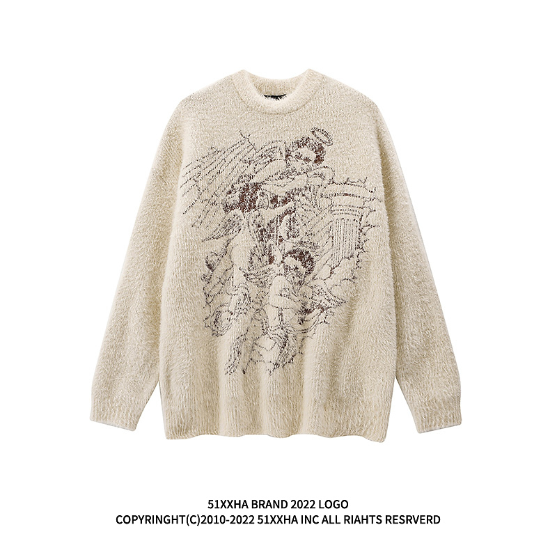 Vintage American Retro Creative Jacquard Crew Neck Sweater for Men and Women, Autumn and Winter Hip-Hop Couple Long-Sleeved Knitwear