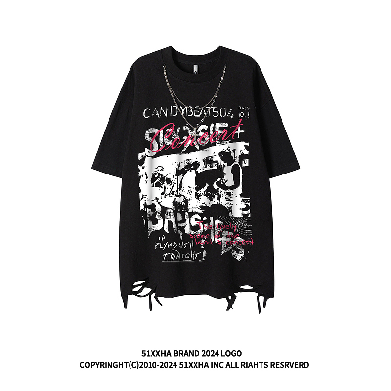 51 Hip-Hop Vintage Rock Band Design Short-Sleeve Men's Summer Trendy Heavy-Duty Necklace Decoration Distressed T-Shirt