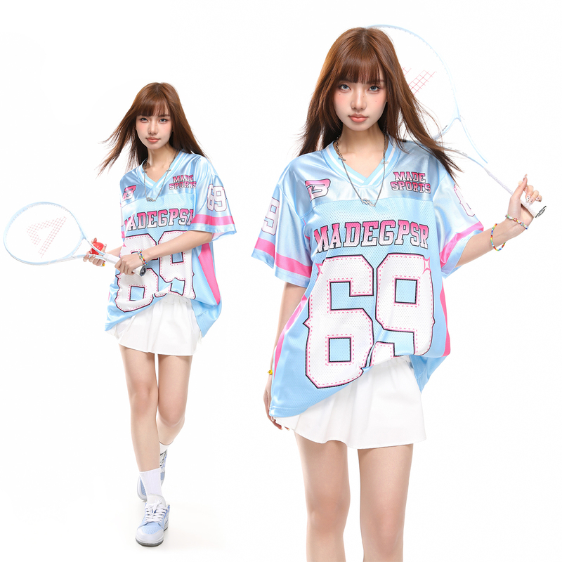 51 Hip-Hop American Blokecore V-Neck Patchwork No. 69 Jersey T-Shirt Men's Sports Retro Mesh Short-Sleeve Top
