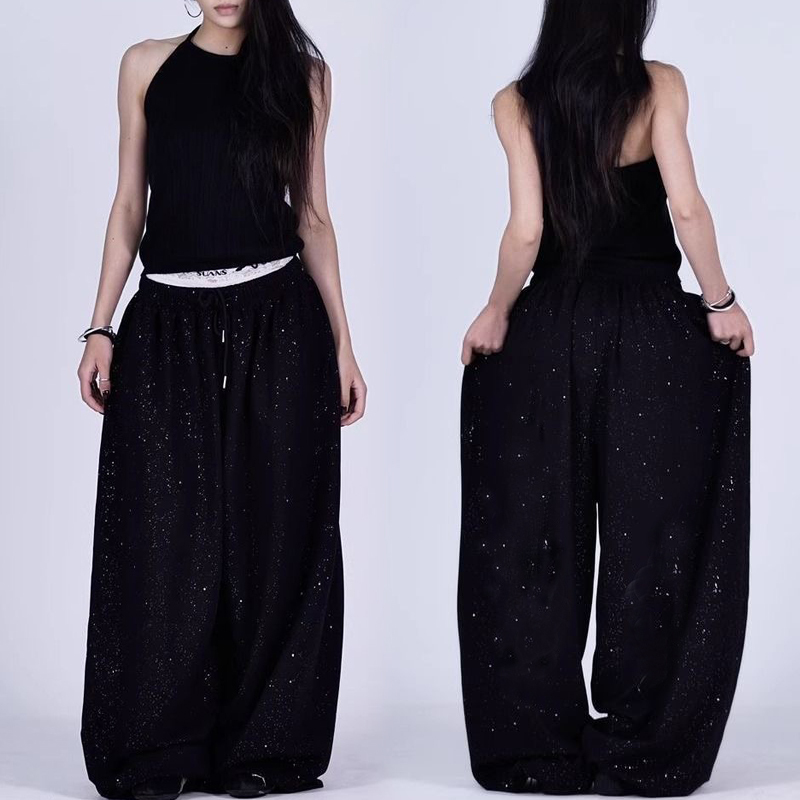 American Retro Star-Studded Rhinestone Black High-Waisted Casual Pants for Women, Jazz-Style Loose Straight-Leg Wide-Leg Trousers