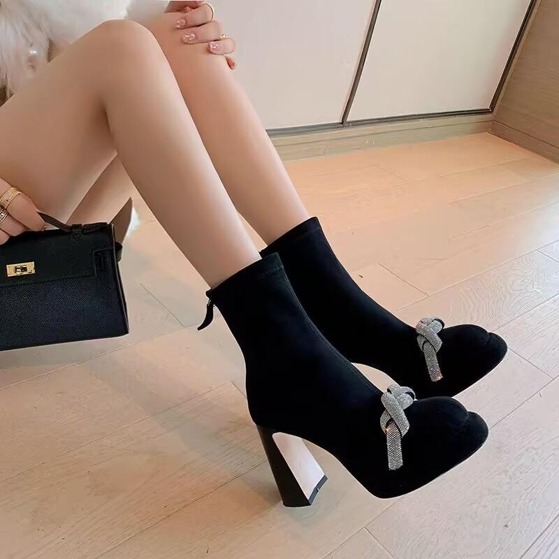 2024 Autumn and Winter New Slim Boots Ultra High Heel Short Boots Women's Boots Waterproof Platform Round Toe Chunky Heel Rhinestone Martin Boots Trendy