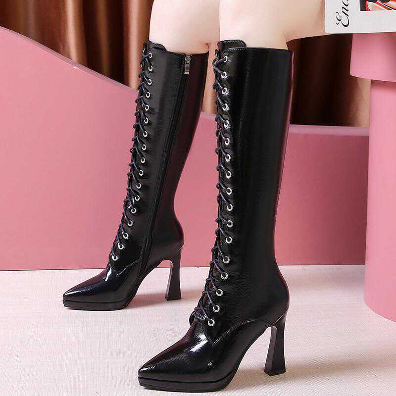 2025 Autumn/Winter New Style Elegant Lace-Up Long Boots for Women, Black Pointed Toe Boots, Slimming Stiletto Heels, Over-The-Knee High Boots