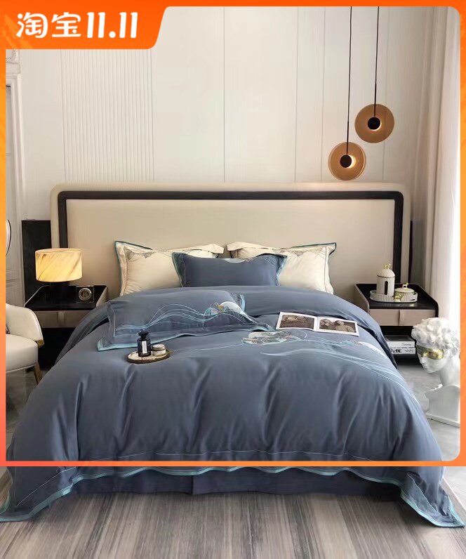 High-end autumn and winter 100 ultra-soft and high-density cotton sanding four-piece heavy-duty embroidery light luxury simple solid color bedding