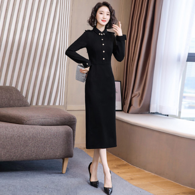 Western style shirt dress women's autumn and winter black long skirt 2024 new autumn dress royal sister style long skirt bottoming skirt