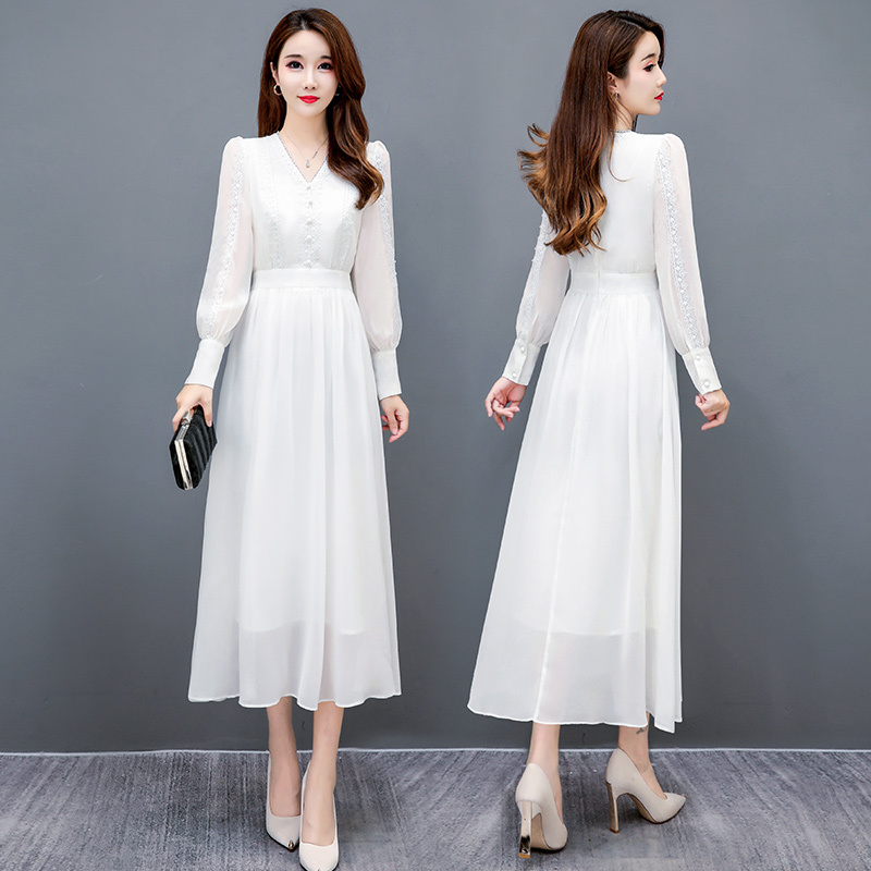 White Chiffon Dress for Women, New Spring Style, Socialite V-Neck Lace Long Dress, Slim Fit, Beach Dress, Fairy-Like White Chiffon Dress for Women, New Spring Style, Socialite V-Neck Lace Long Dress, Slim Fit, Beach Dress, Fairy-Like