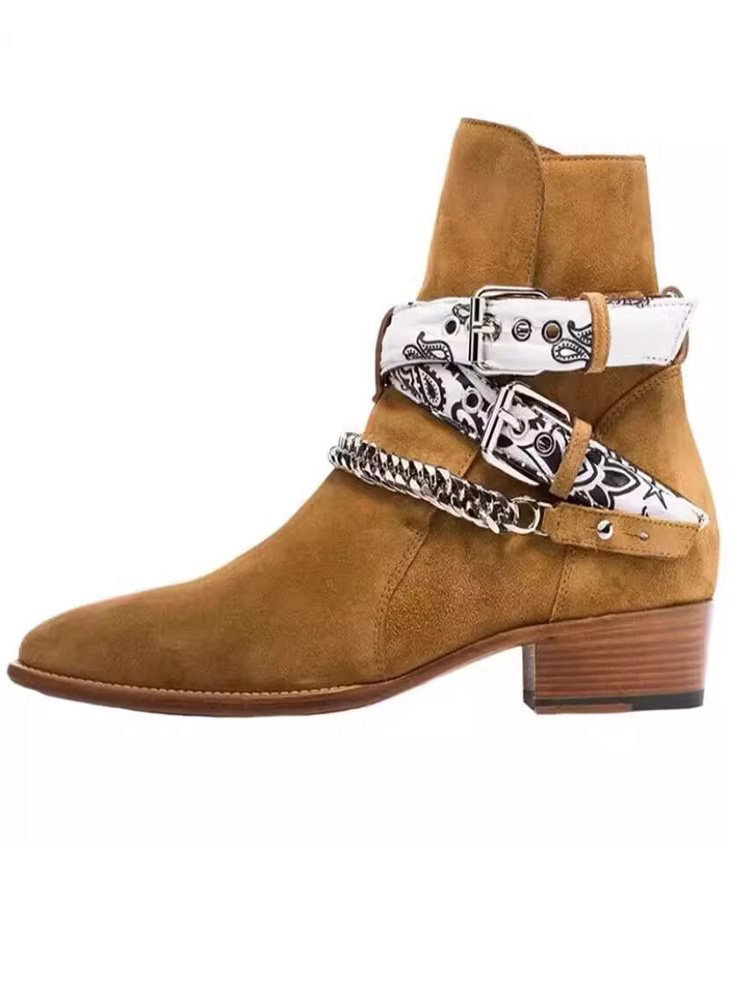 CHELSEA BOOTS MENS AUTUMN AND WINTER 2024 EUROPE AND THE UNITED STATES FASHION PERSONALITY NUBUCKLE POINTED TOE WAIST FLOWER CHAIN MARTIN BOOTS TIDE