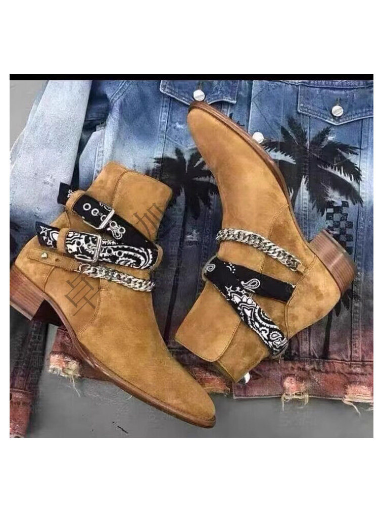 CHELSEA BOOTS MENS AUTUMN AND WINTER 2024 EUROPE AND THE UNITED STATES FASHION PERSONALITY NUBUCKLE POINTED TOE WAIST FLOWER CHAIN MARTIN BOOTS TIDE