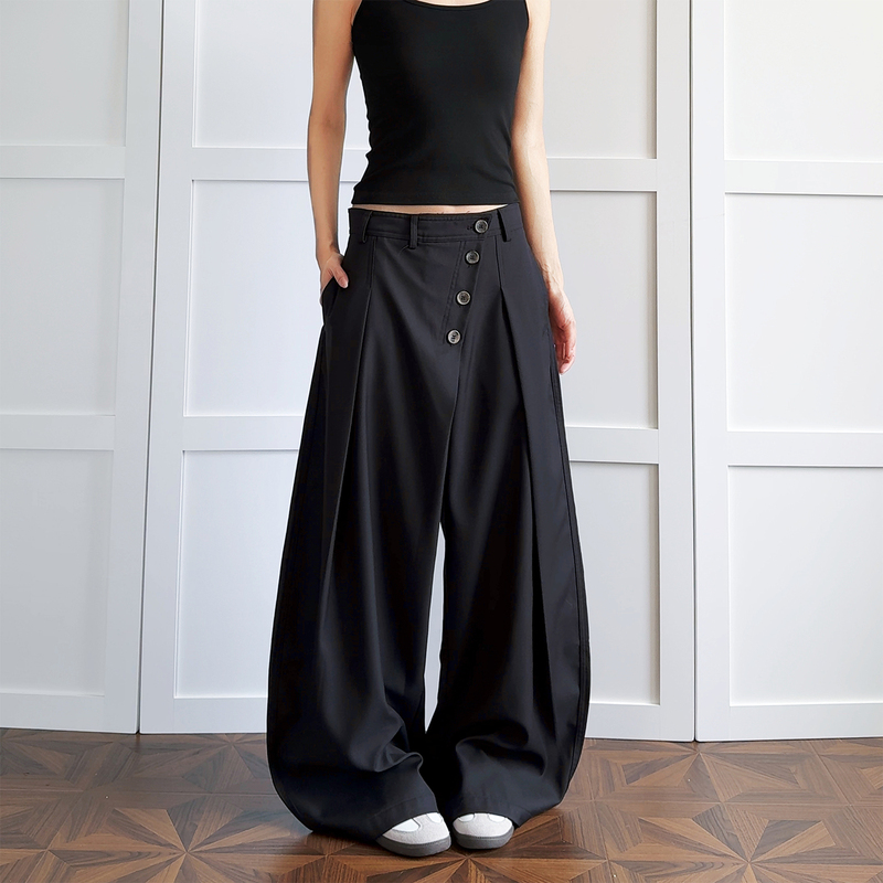 Neut Simple and Sophisticated Cleanfit Black Scimitar-Style Trousers with Button Placket, Unique Loose Wide-Leg Casual Pants