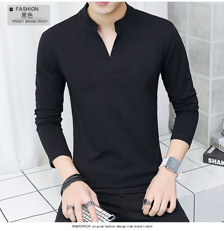 Quần áo mùa xuân và mùa thu nam áo thun dài tay nam 丅 cotton cổ chữ V xu hướng áo sơ mi chạm đáy trên quần áo trục dài bên ngoài đất ao phong nam