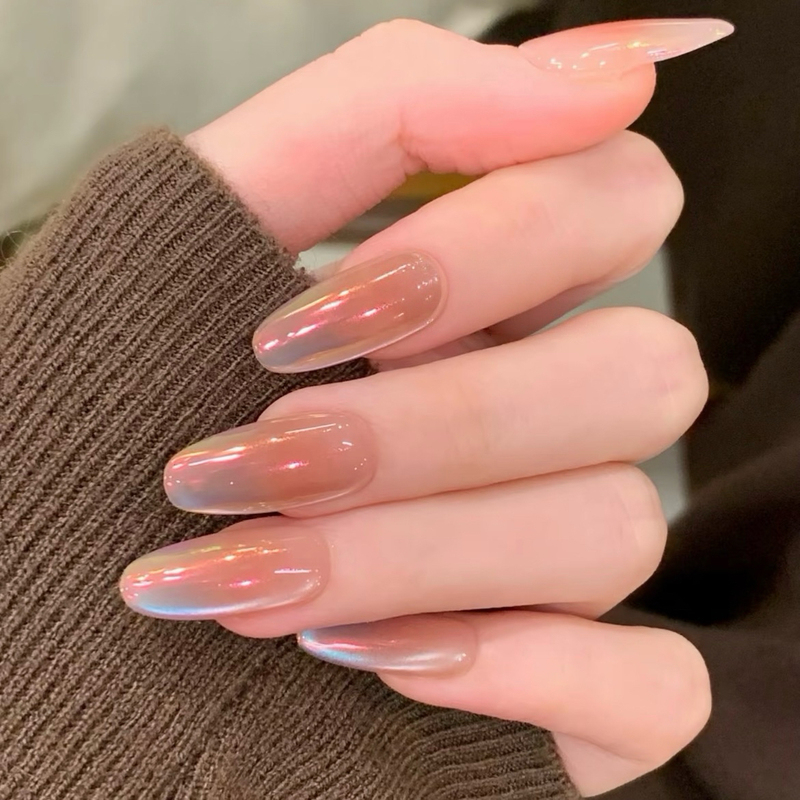 Purely Handmade Wearable Nails, Summer Aurora Pink, Cat Eye Gradient, Moonlight Pink, High-Transparency Glass, Fairy-Like, High-End Nail Art for Girls